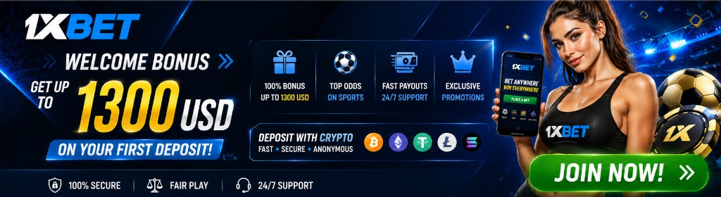 1xBet welcome bonus — get up to 1300 USD on your first deposit. Join now. 18+