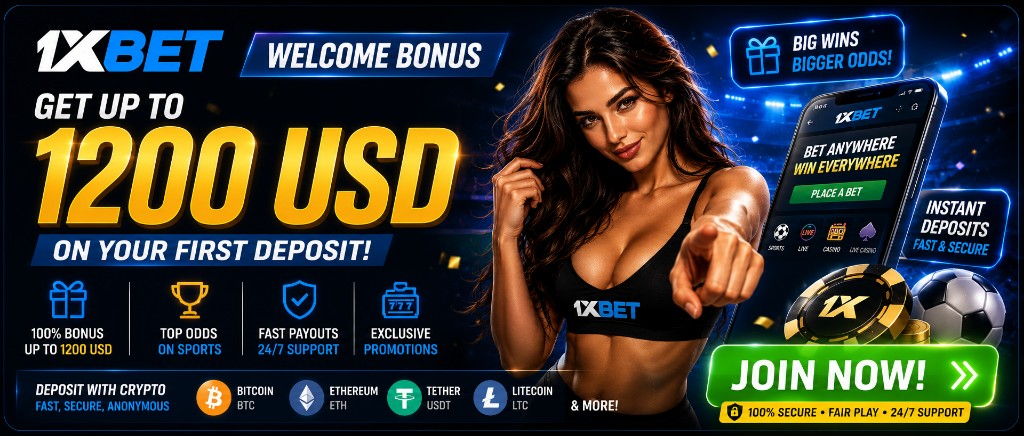 1xBet welcome bonus — get up to 1200 USD on your first deposit. Join now. 18+